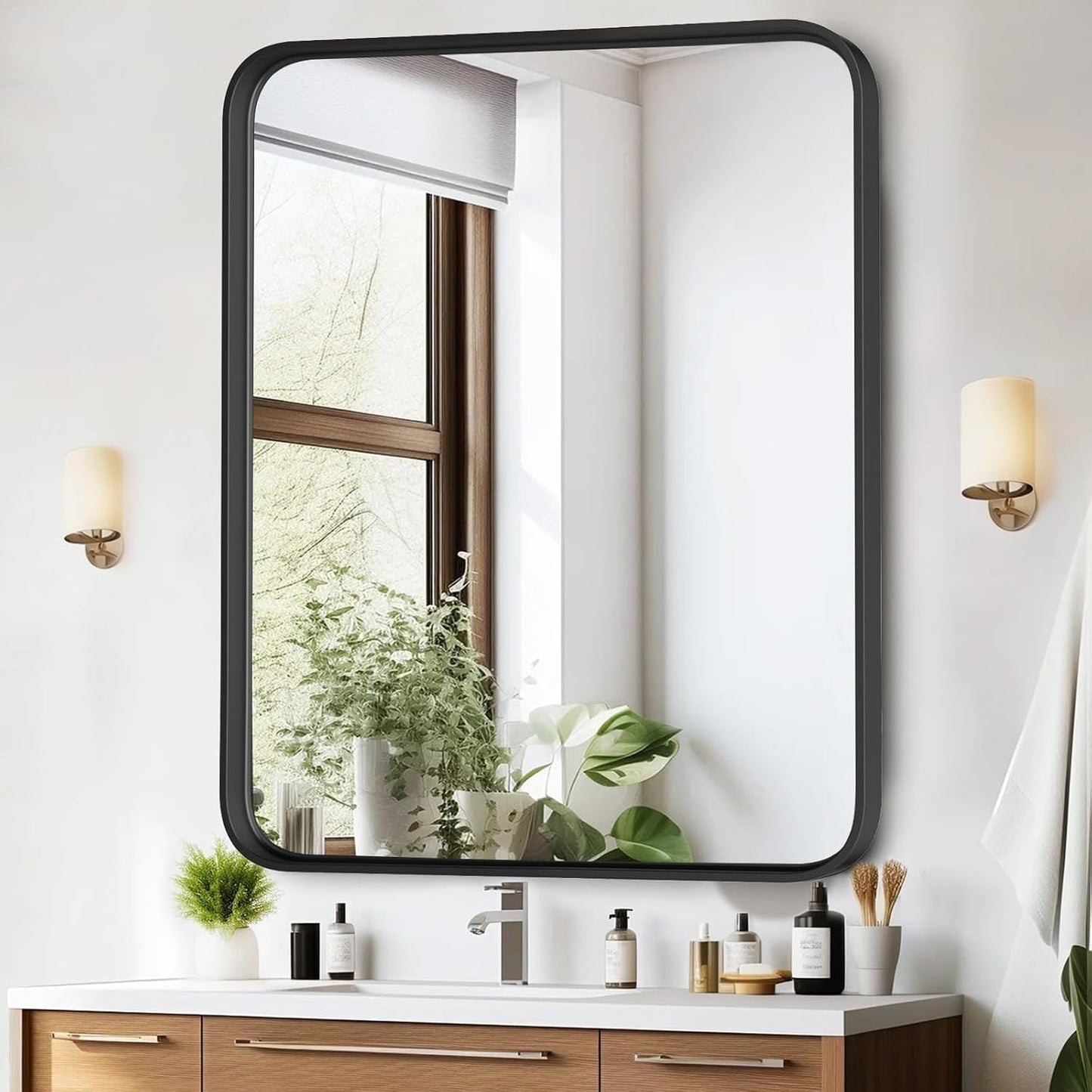 Specchi da bagno rettangolari arrotondati con cornice in lega di alluminio nero, da appendere sopra il lavandino, orizzontalmente o verticalmente.