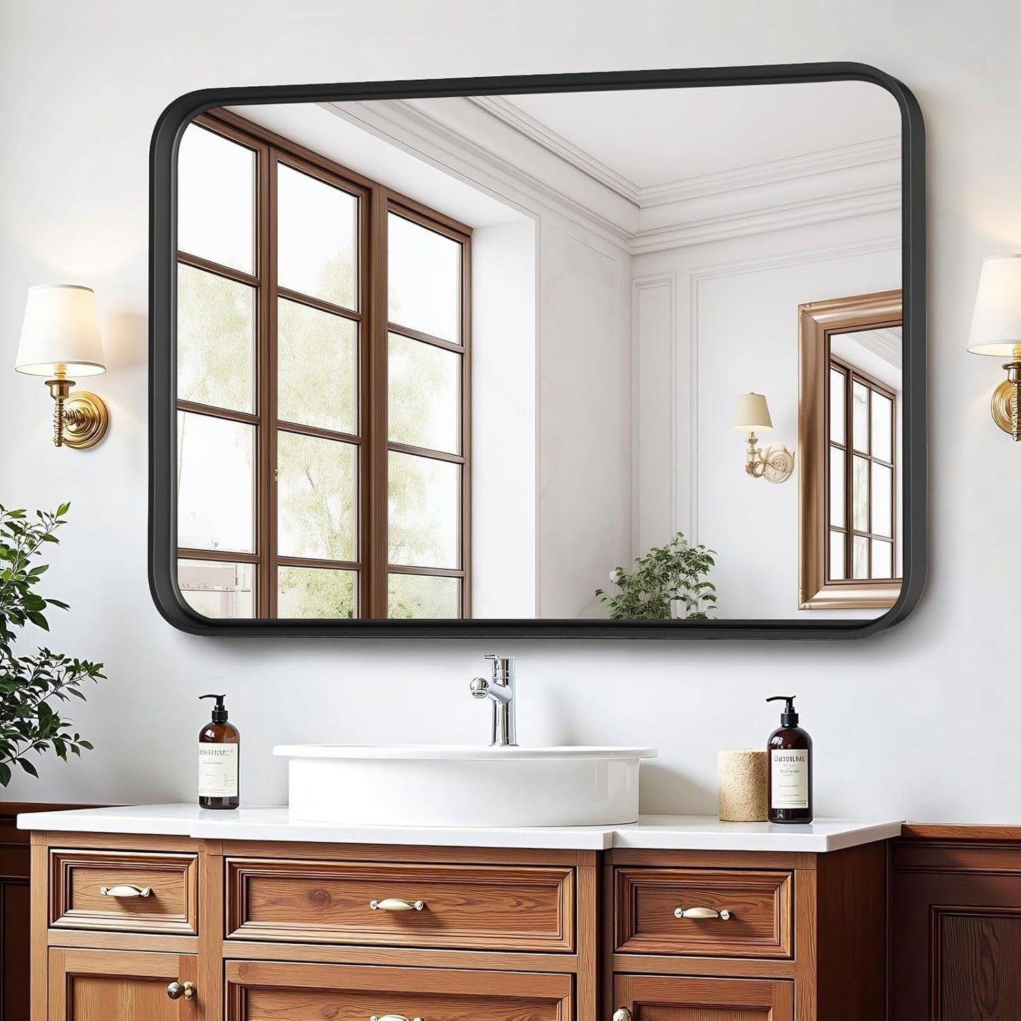 Specchi da bagno rettangolari arrotondati con cornice in lega di alluminio nero, da appendere sopra il lavandino, orizzontalmente o verticalmente.
