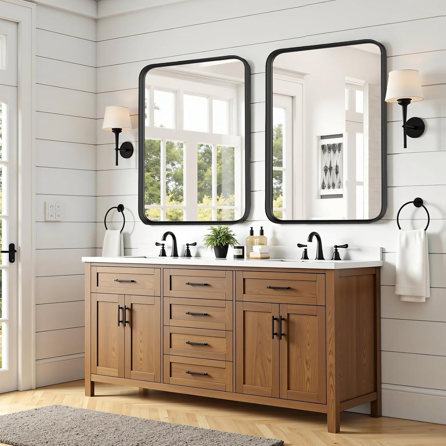 Specchi da bagno rettangolari arrotondati con cornice in lega di alluminio nero, da appendere sopra il lavandino, orizzontalmente o verticalmente.
