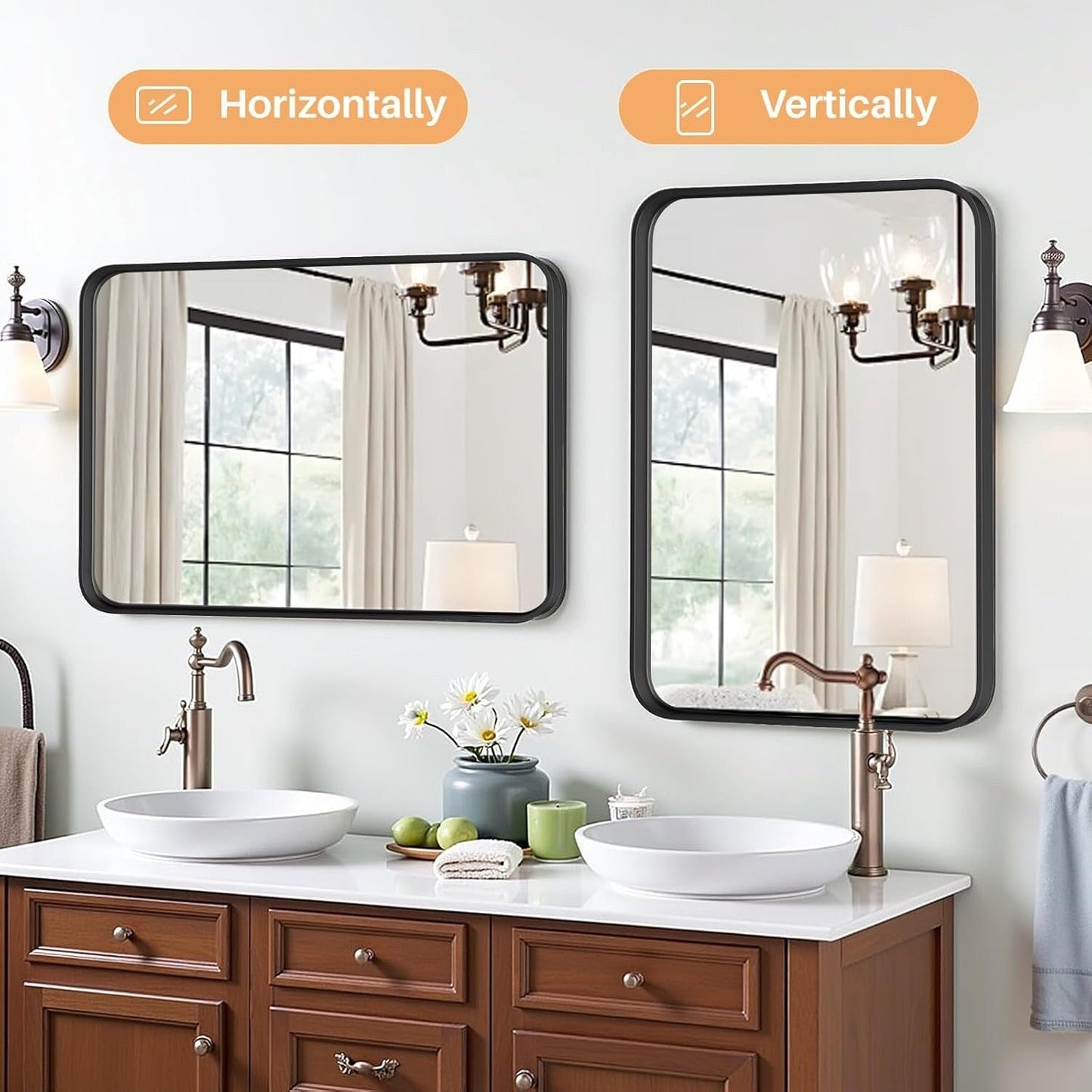Specchi da bagno rettangolari arrotondati con cornice in lega di alluminio nero, da appendere sopra il lavandino, orizzontalmente o verticalmente.