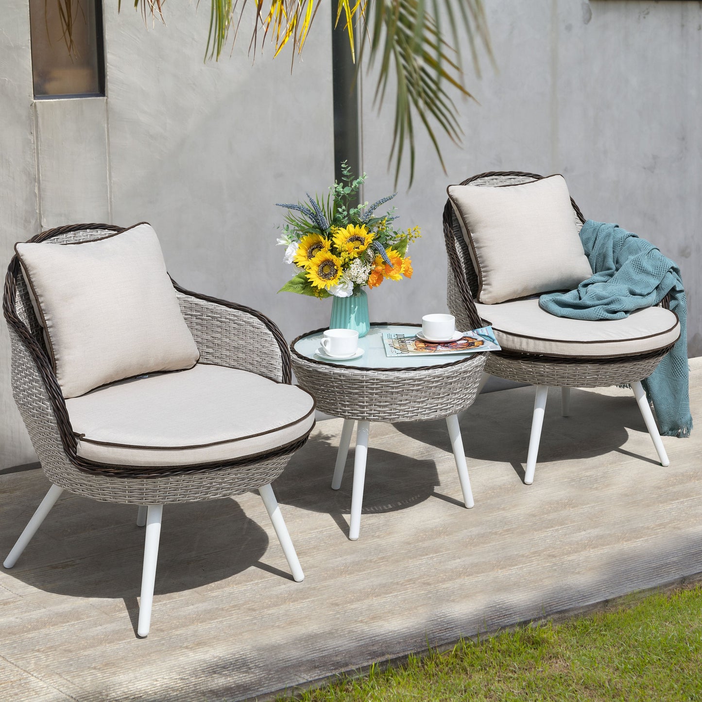 Set da esterno in rattan e vimini da bistrot da 3 pezzi con cuscini