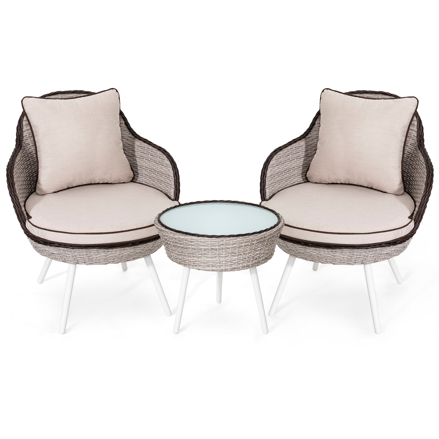 Set da esterno in rattan e vimini da bistrot da 3 pezzi con cuscini