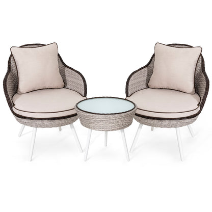 Set da esterno in rattan e vimini da bistrot da 3 pezzi con cuscini