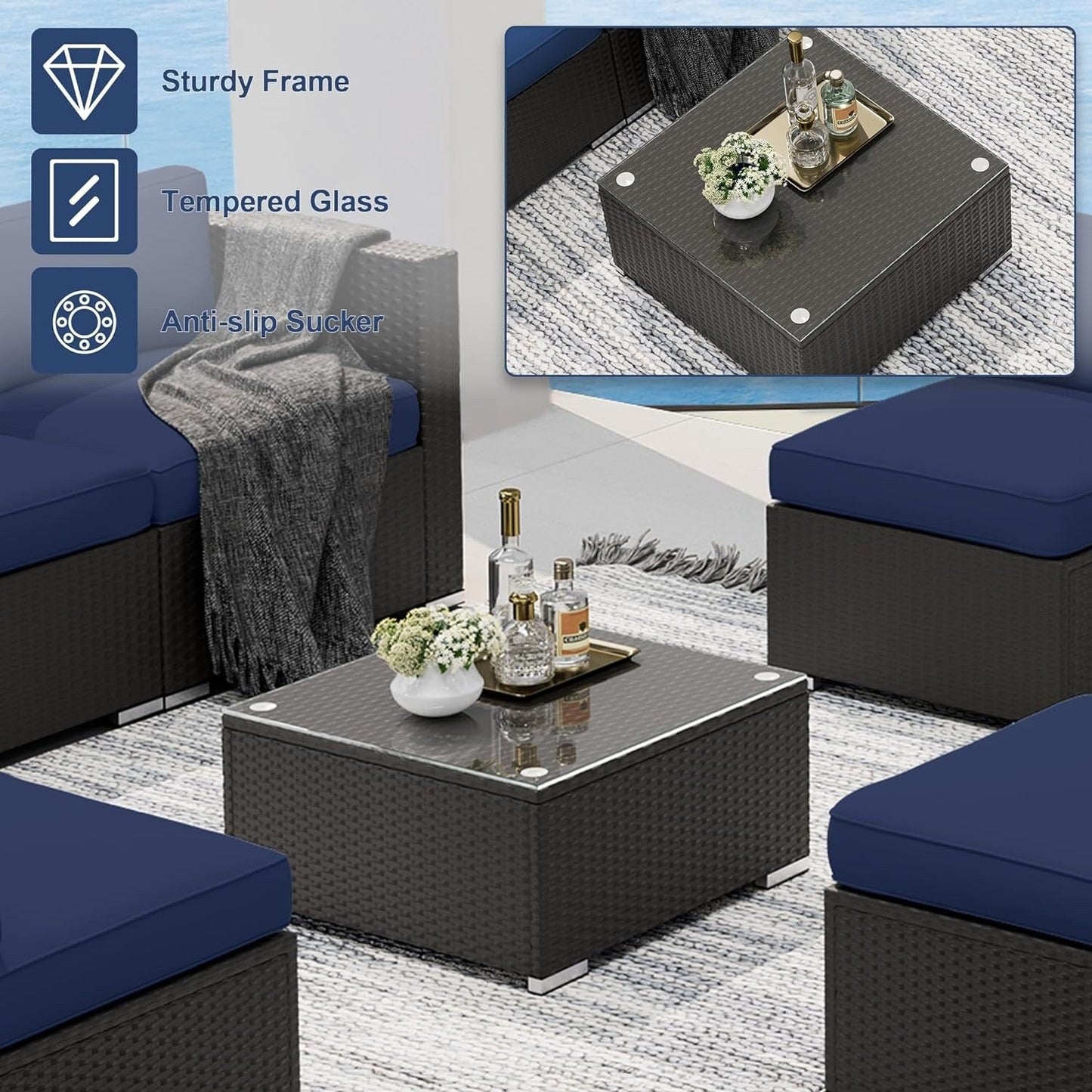 Set da conversazione con divano componibile imbottito in vimini e rattan nero da 7 pezzi per esterni di Havenside Home