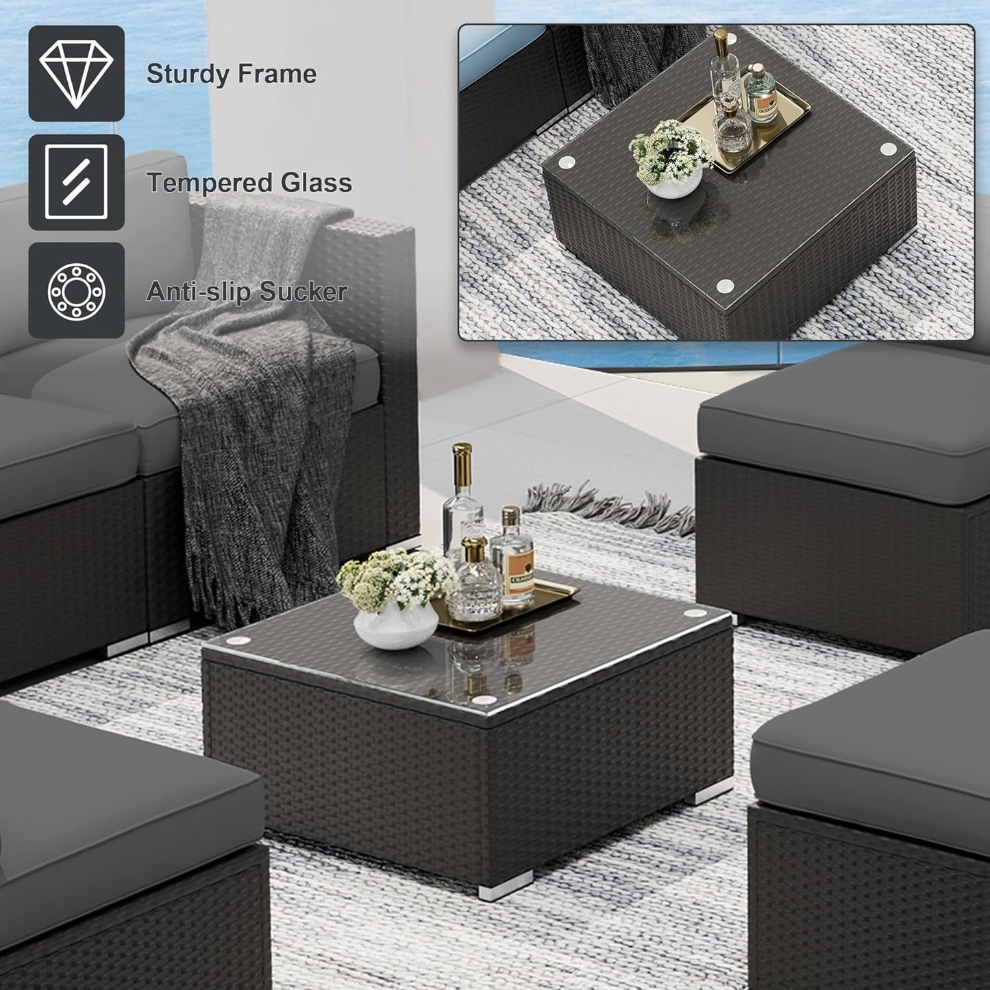 Set da conversazione con divano componibile imbottito in vimini e rattan nero da 7 pezzi per esterni di Havenside Home