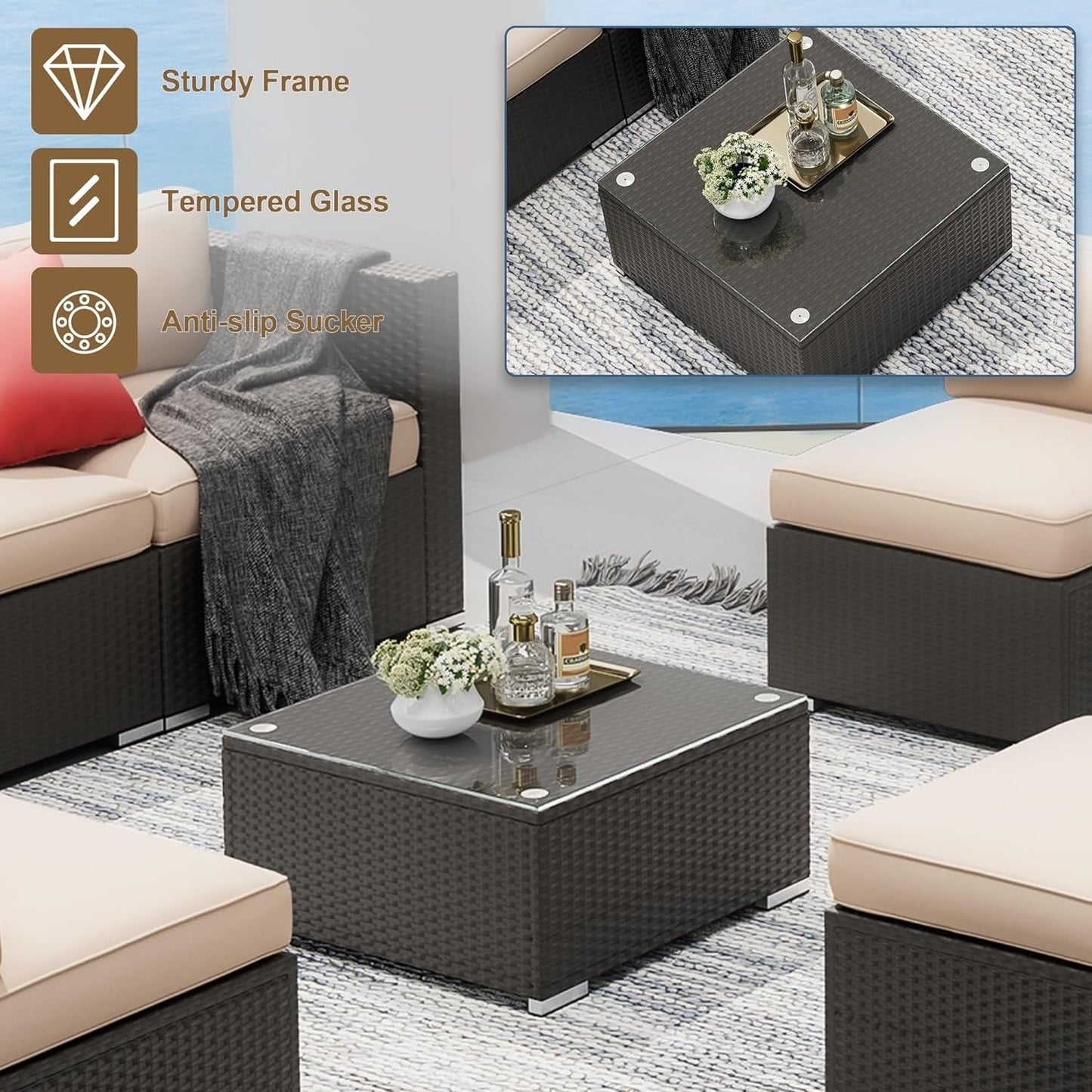 Set da conversazione con divano componibile imbottito in vimini e rattan nero da 7 pezzi per esterni di Havenside Home