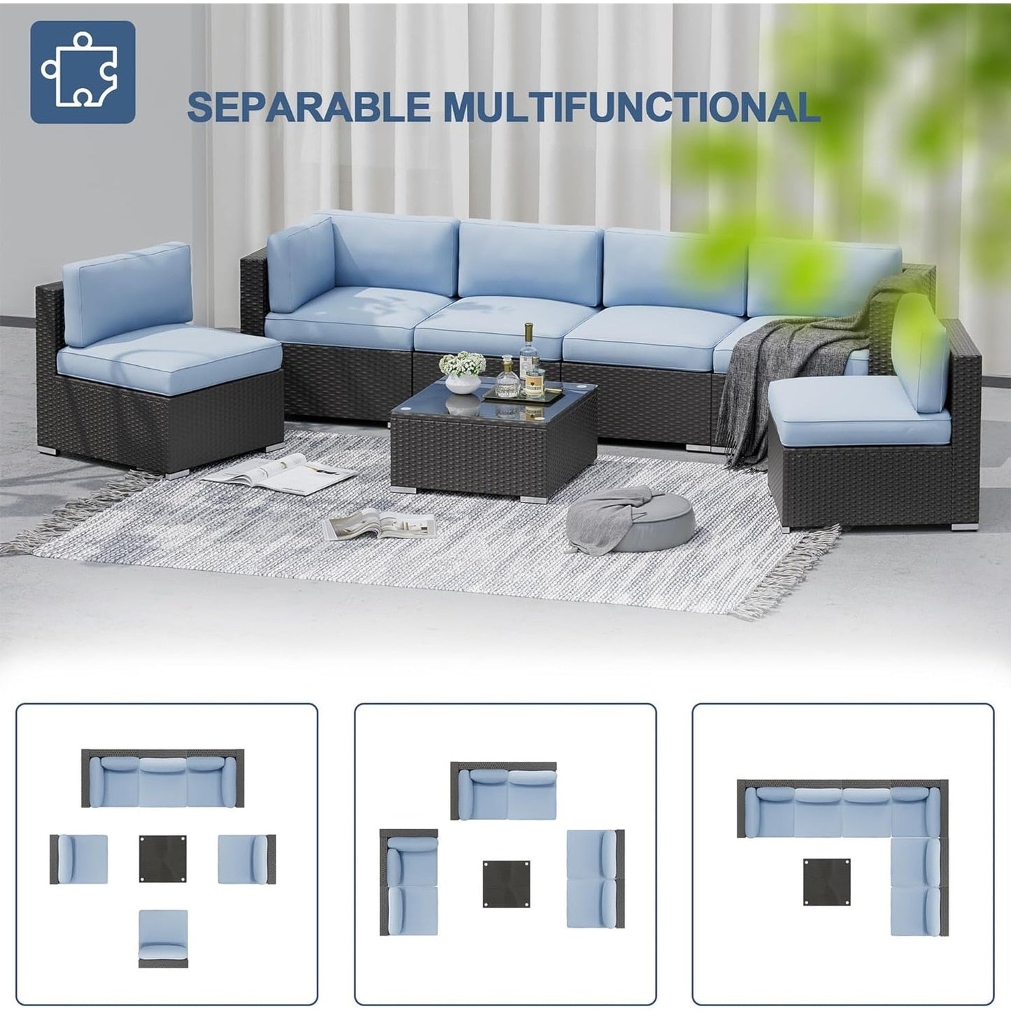Set da conversazione con divano componibile imbottito in vimini e rattan nero da 7 pezzi per esterni di Havenside Home