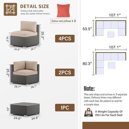 Set da conversazione con divano componibile imbottito in vimini e rattan nero da 7 pezzi per esterni di Havenside Home