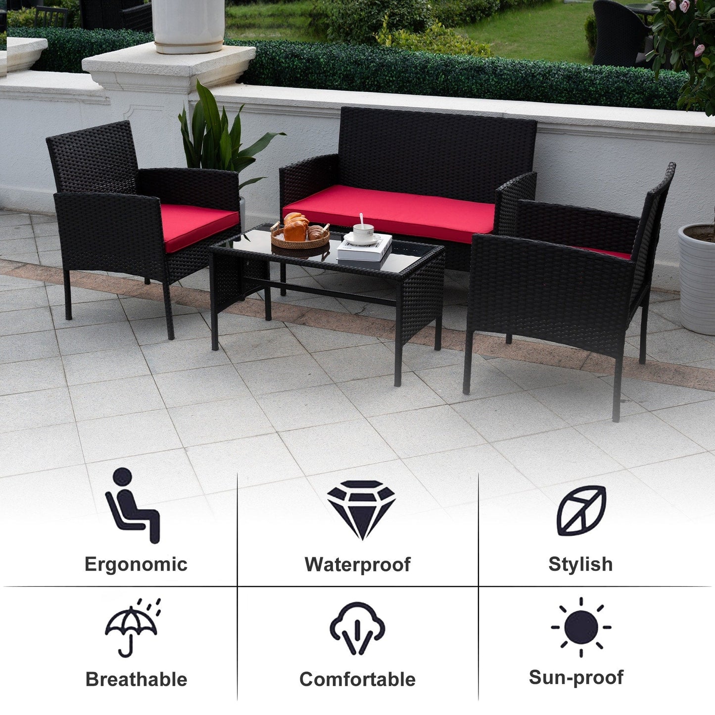Set di 4 mobili da giardino in vimini per conversazioni, set di mobili da esterno in rattan con cuscini per giardino