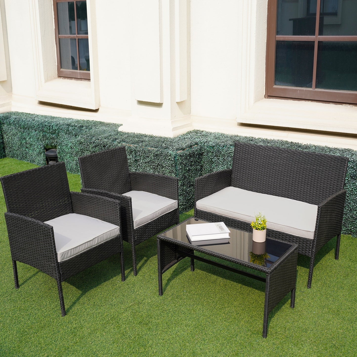 Set di 4 mobili da giardino in vimini per conversazioni, set di mobili da esterno in rattan con cuscini per giardino