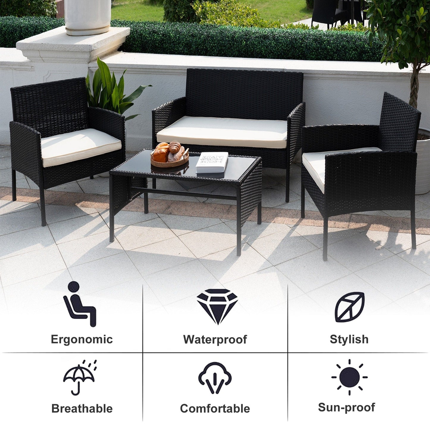 Set di 4 mobili da giardino in vimini per conversazioni, set di mobili da esterno in rattan con cuscini per giardino