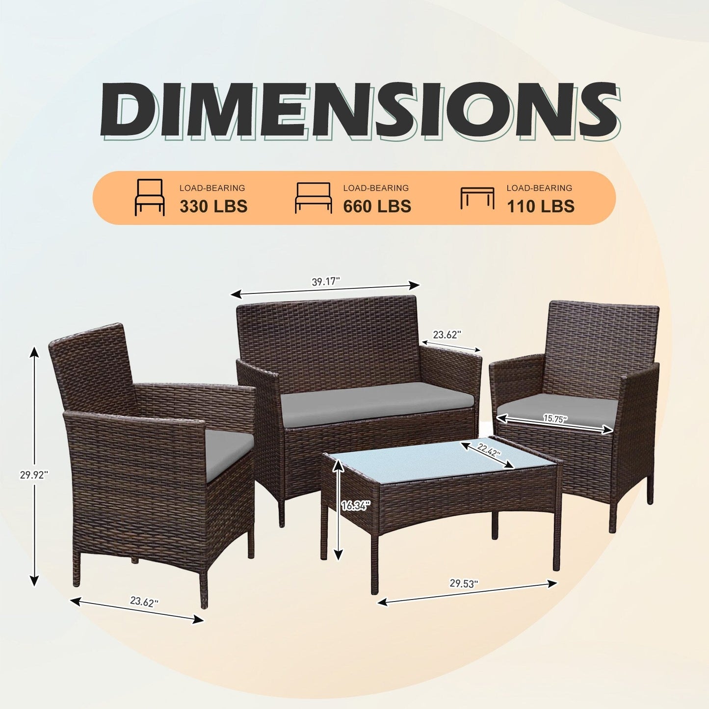 Set di mobili da esterno da 4 pezzi con cuscini, set da conversazione in vimini e tavolino da caffè in vetro