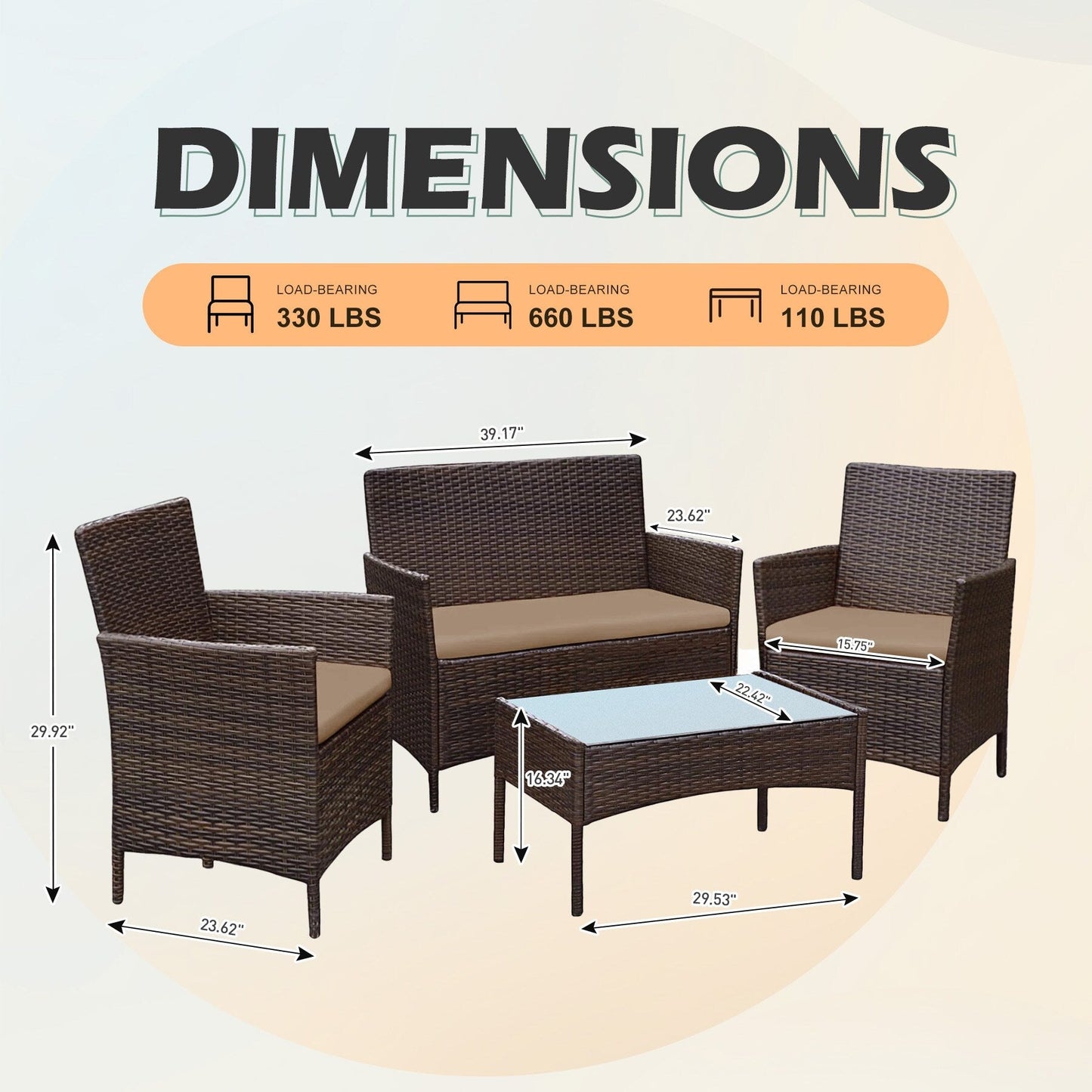 Set di mobili da esterno da 4 pezzi con cuscini, set da conversazione in vimini e tavolino da caffè in vetro