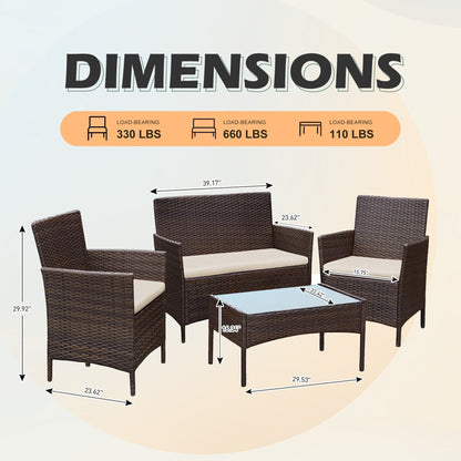 Set di mobili da esterno da 4 pezzi con cuscini, set da conversazione in vimini e tavolino da caffè in vetro