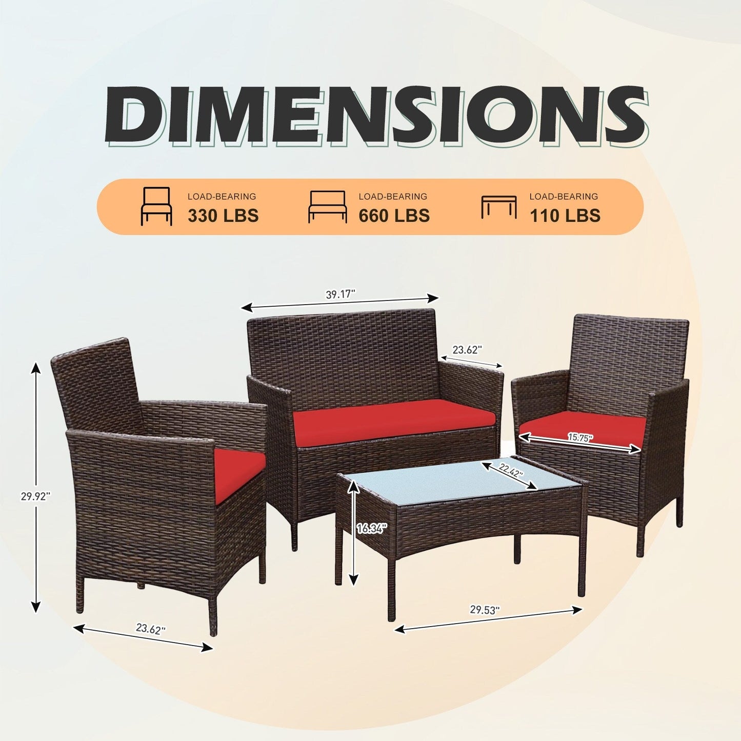 Set di mobili da esterno da 4 pezzi con cuscini, set da conversazione in vimini e tavolino da caffè in vetro