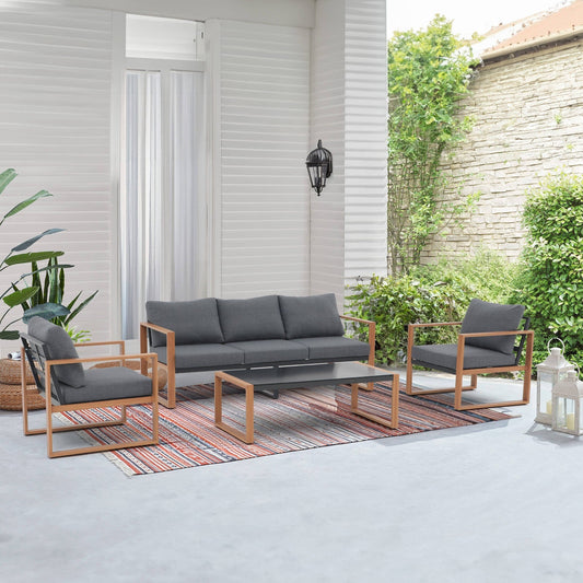 Set da conversazione per patio in alluminio grigio da 4 pezzi per 5 persone con cuscini e tavolo in vetro temperato