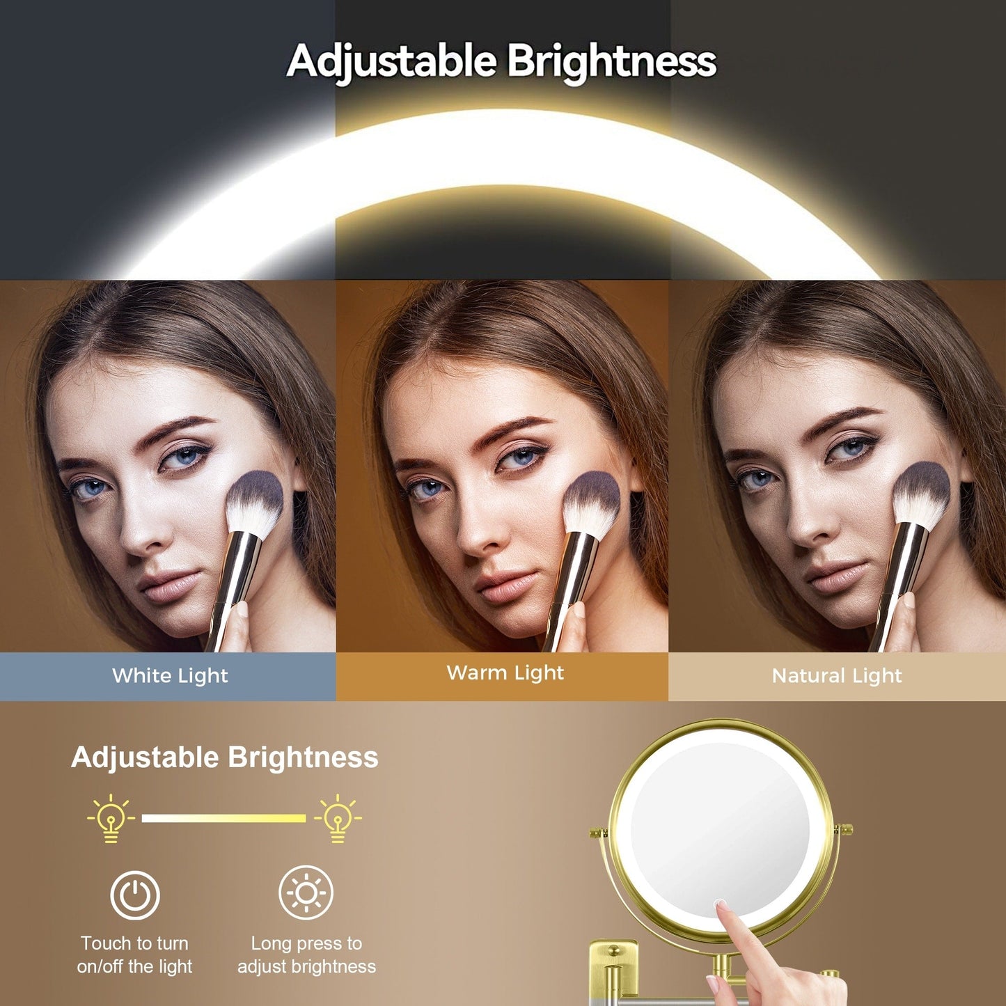 Specchio da trucco rotondo da parete per bagno, ricaricabile, ingrandimento 1x/10x, 3 luci colorate