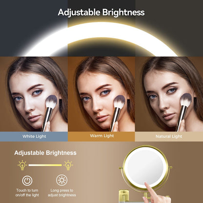 Specchio da trucco rotondo da parete per bagno, ricaricabile, ingrandimento 1x/10x, 3 luci colorate