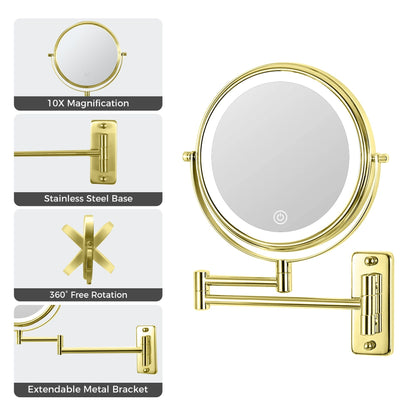 Specchio da trucco rotondo da parete per bagno, ricaricabile, ingrandimento 1x/10x, 3 luci colorate