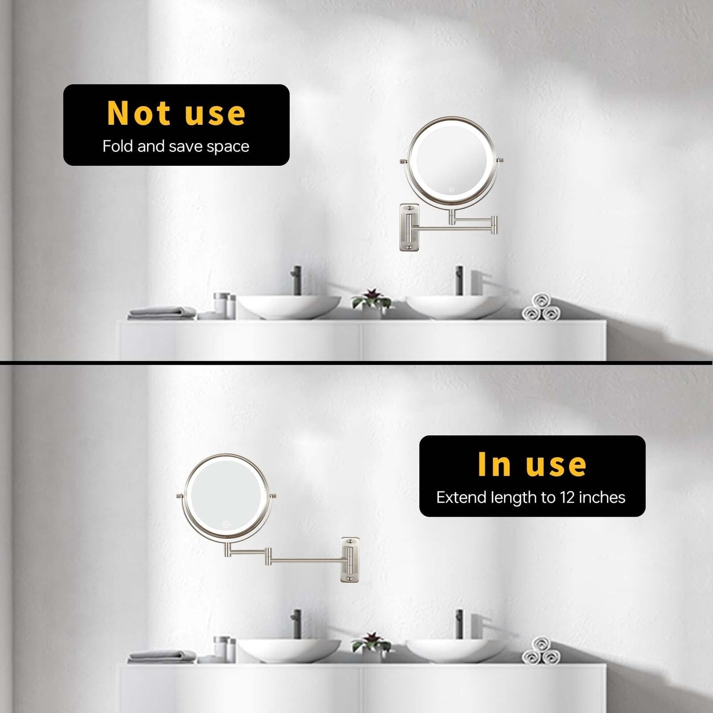 Specchio da trucco rotondo da parete per bagno, ricaricabile, ingrandimento 1x/10x, 3 luci colorate