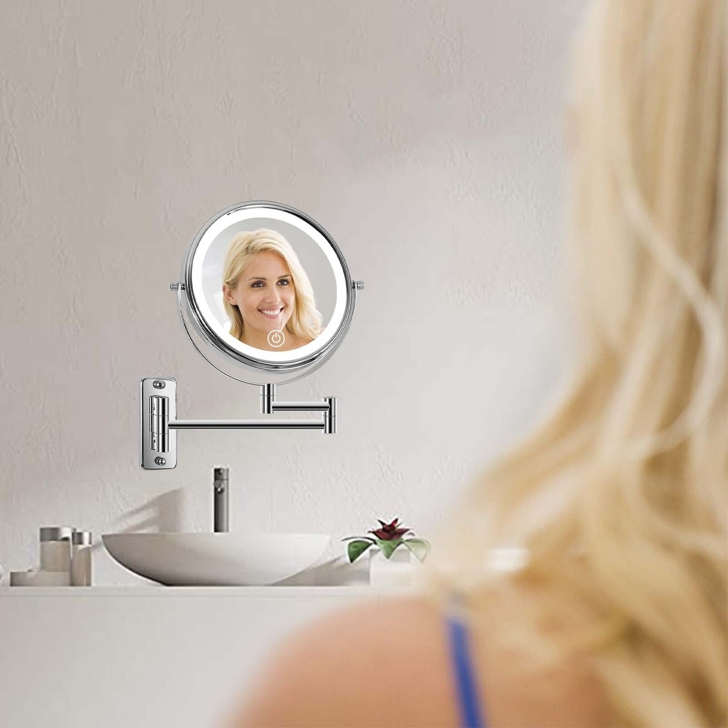 Specchio da trucco rotondo da parete per bagno, ricaricabile, ingrandimento 1x/10x, 3 luci colorate