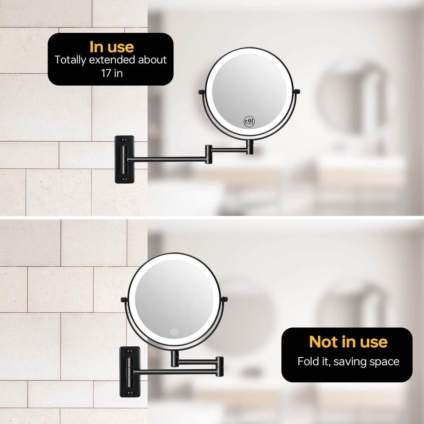 Specchio da trucco rotondo da parete per bagno, ricaricabile, ingrandimento 1x/10x, 3 luci colorate