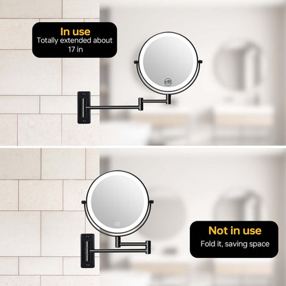 Specchio da trucco rotondo da parete per bagno, ricaricabile, ingrandimento 1x/10x, 3 luci colorate