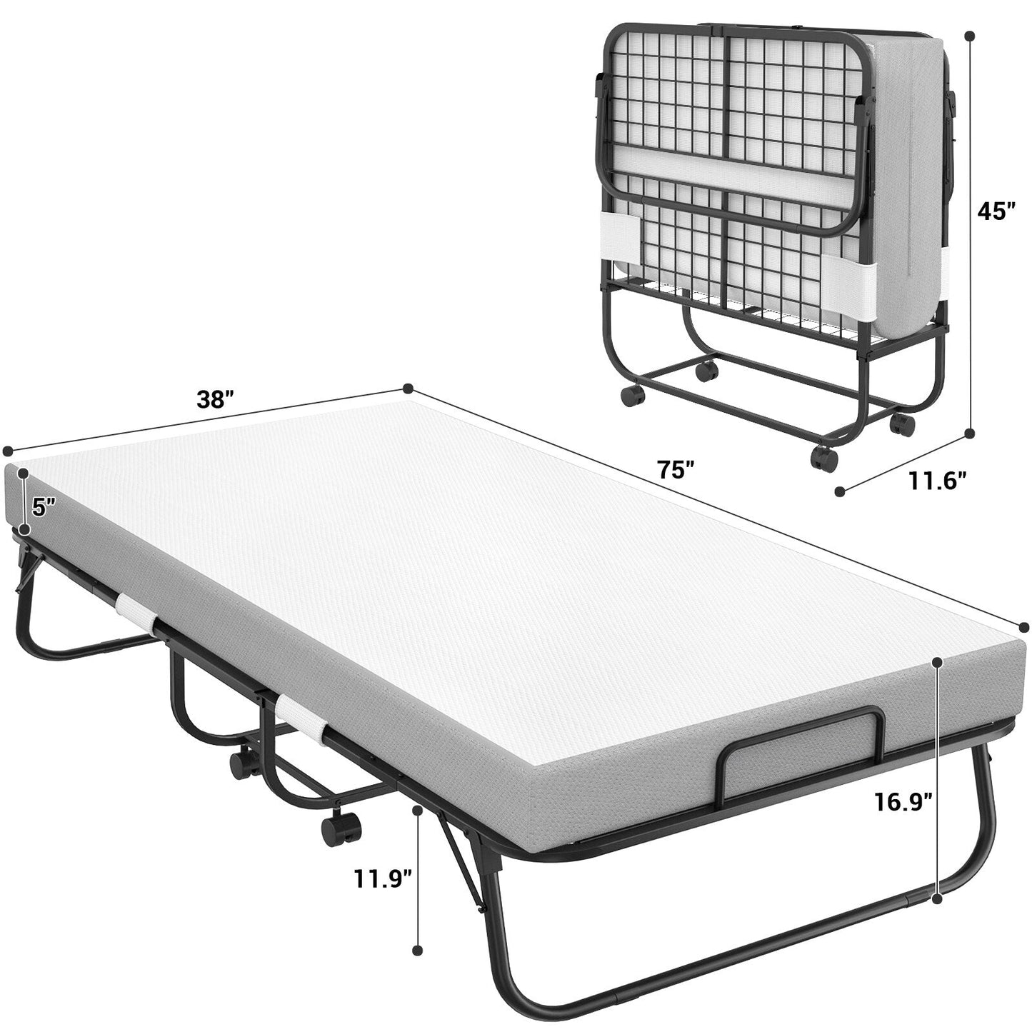 Letto pieghevole da 38'' con materasso, letto pieghevole portatile con telo di copertura