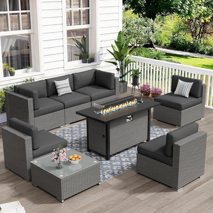 Set da conversazione con divano componibile imbottito in vimini e rattan grigio da esterno, 7 pezzi
