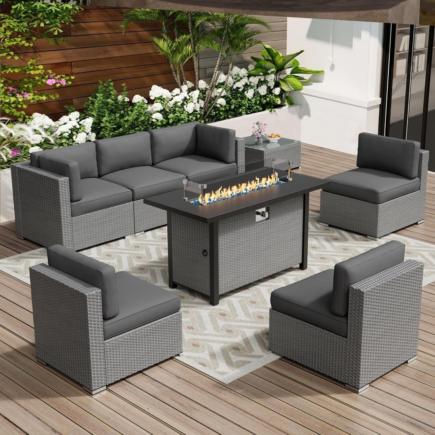 Set da conversazione con divano componibile imbottito in vimini e rattan grigio da esterno, 7 pezzi