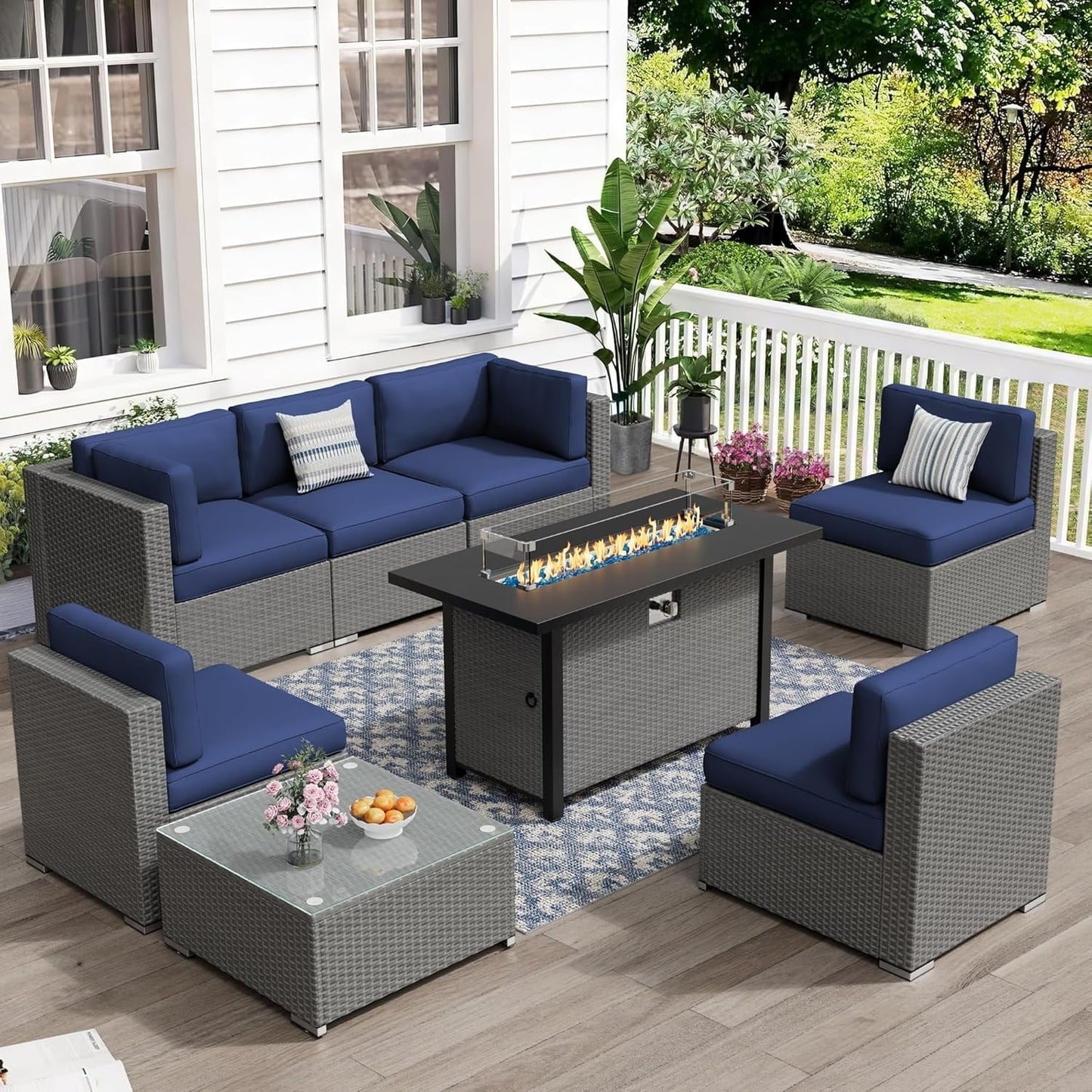 Set da conversazione con divano componibile imbottito in vimini e rattan grigio da esterno, 7 pezzi