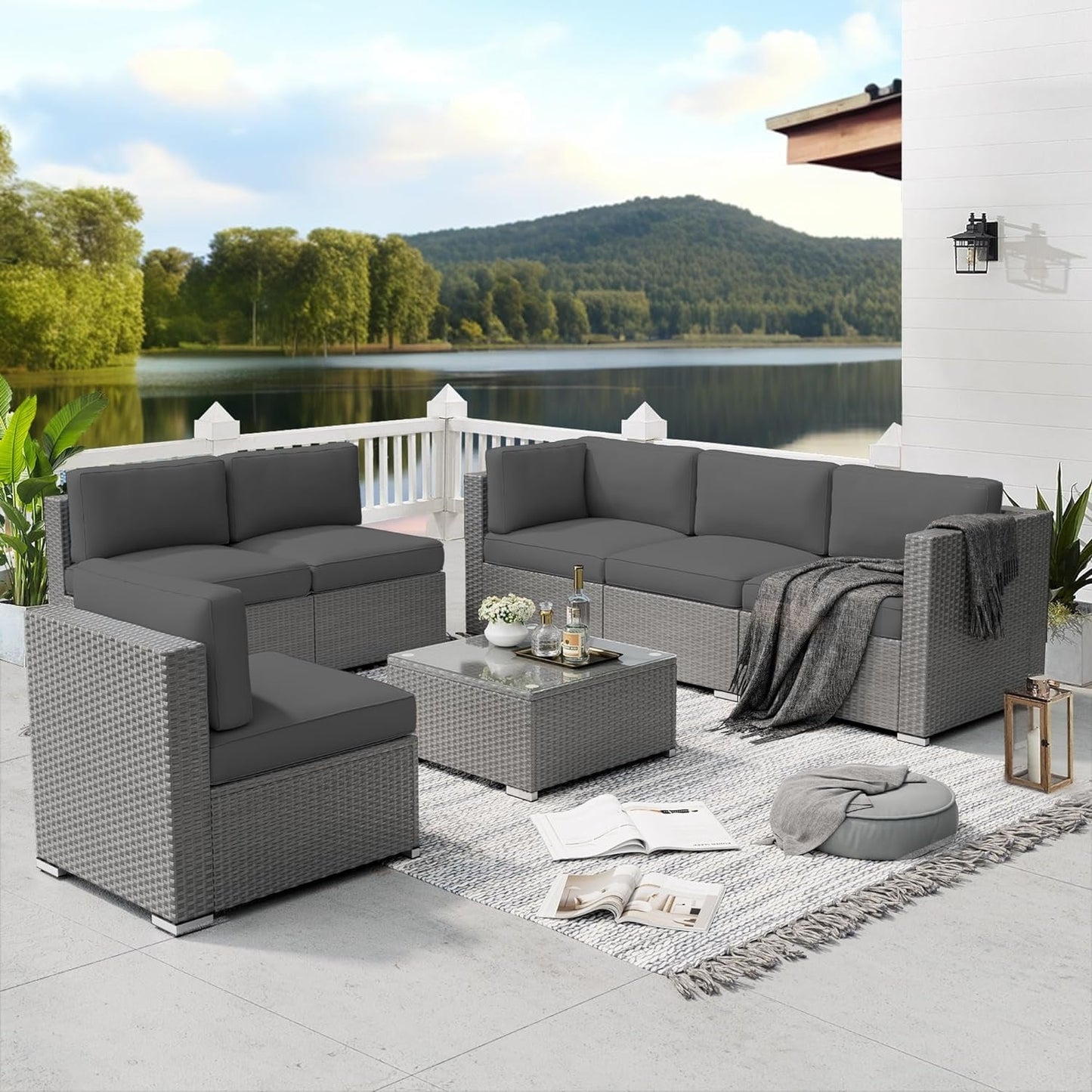 Set da conversazione con divano componibile imbottito in vimini e rattan grigio da esterno, 7 pezzi