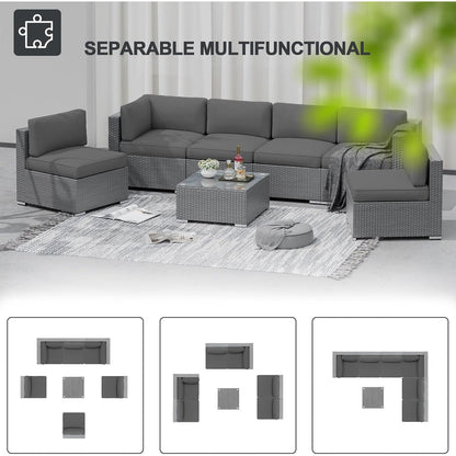 Set da conversazione con divano componibile imbottito in vimini e rattan grigio da esterno, 7 pezzi