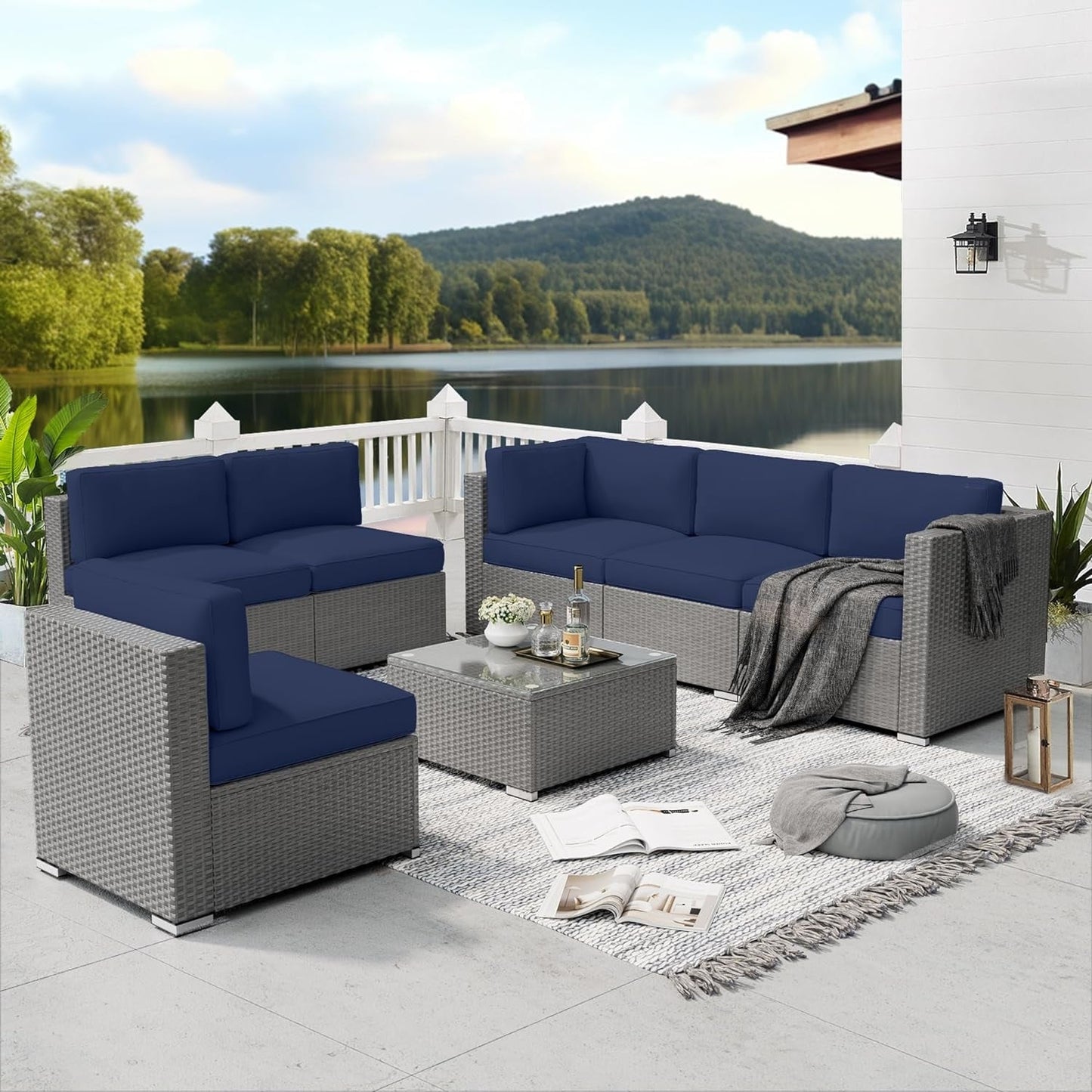 Set da conversazione con divano componibile imbottito in vimini e rattan grigio da esterno, 7 pezzi