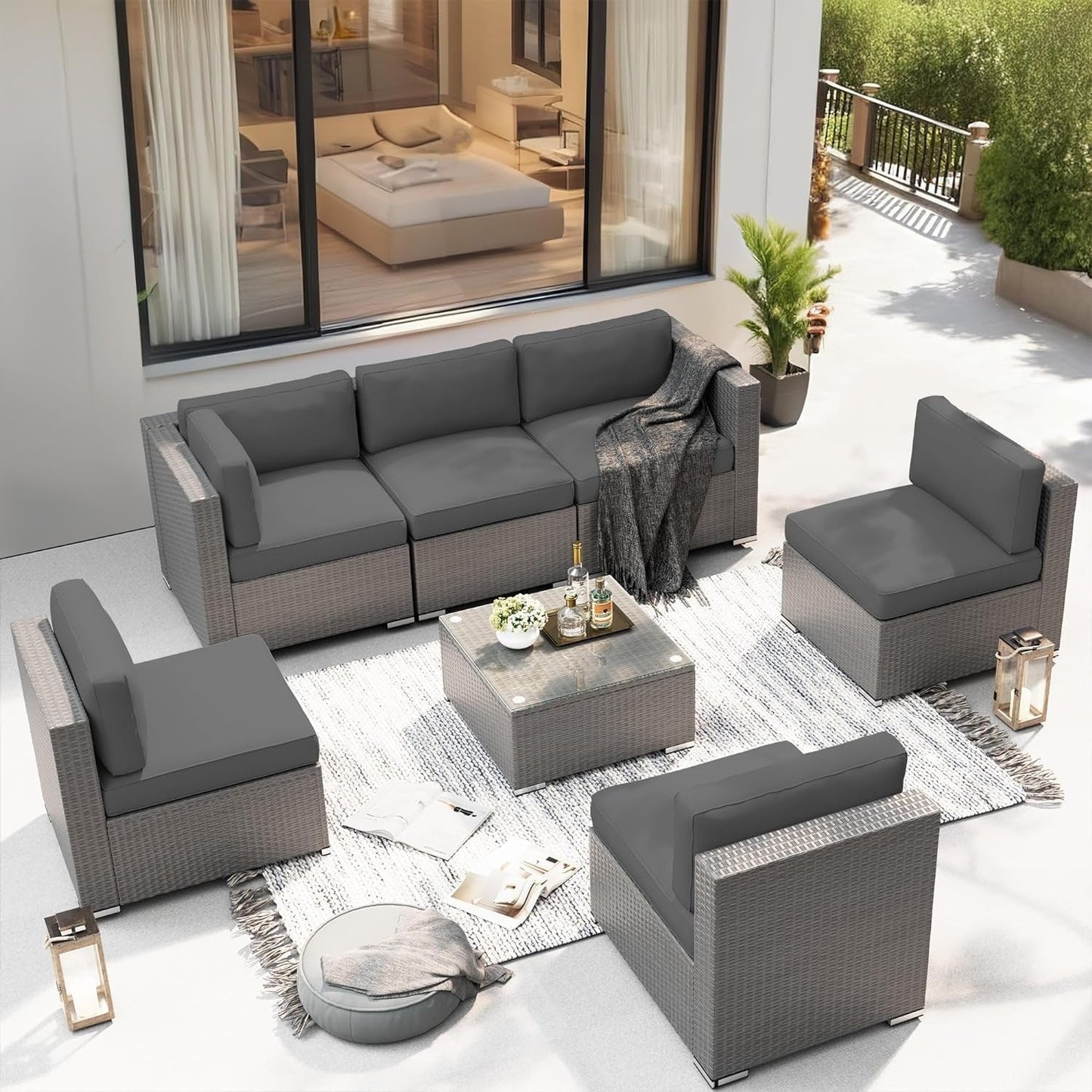 Set da conversazione con divano componibile imbottito in vimini e rattan grigio da esterno, 7 pezzi