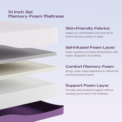 Materasso in memory foam al gel di carbone di bambù da 14 pollici, adatto per letto regolabile