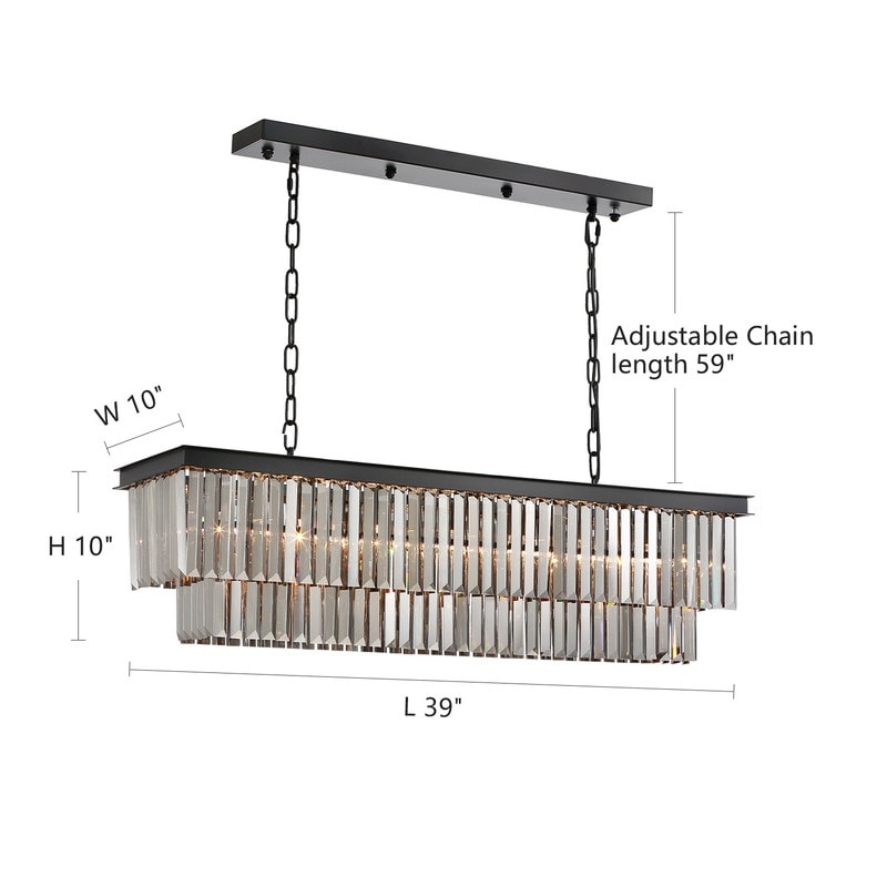 Lampadario moderno contemporaneo in cristallo grigio fumé e nero da 47 pollici, a 2 livelli, con isola da cucina lineare, per sala da pranzo