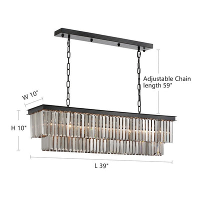 Lampadario moderno contemporaneo in cristallo grigio fumé e nero da 47 pollici, a 2 livelli, con isola da cucina lineare, per sala da pranzo