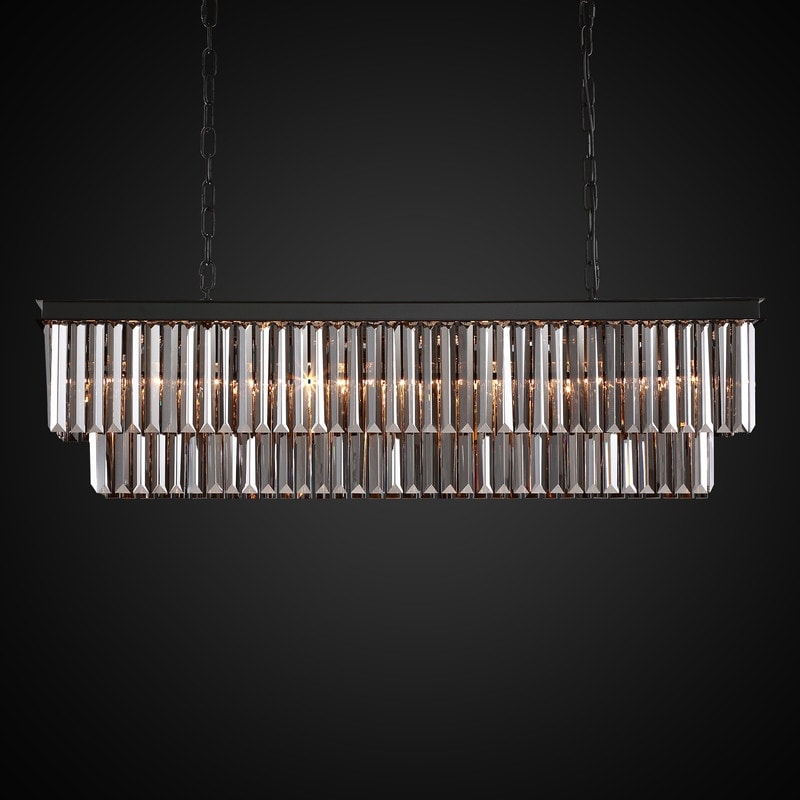 Lampadario moderno contemporaneo in cristallo grigio fumé e nero da 47 pollici, a 2 livelli, con isola da cucina lineare, per sala da pranzo