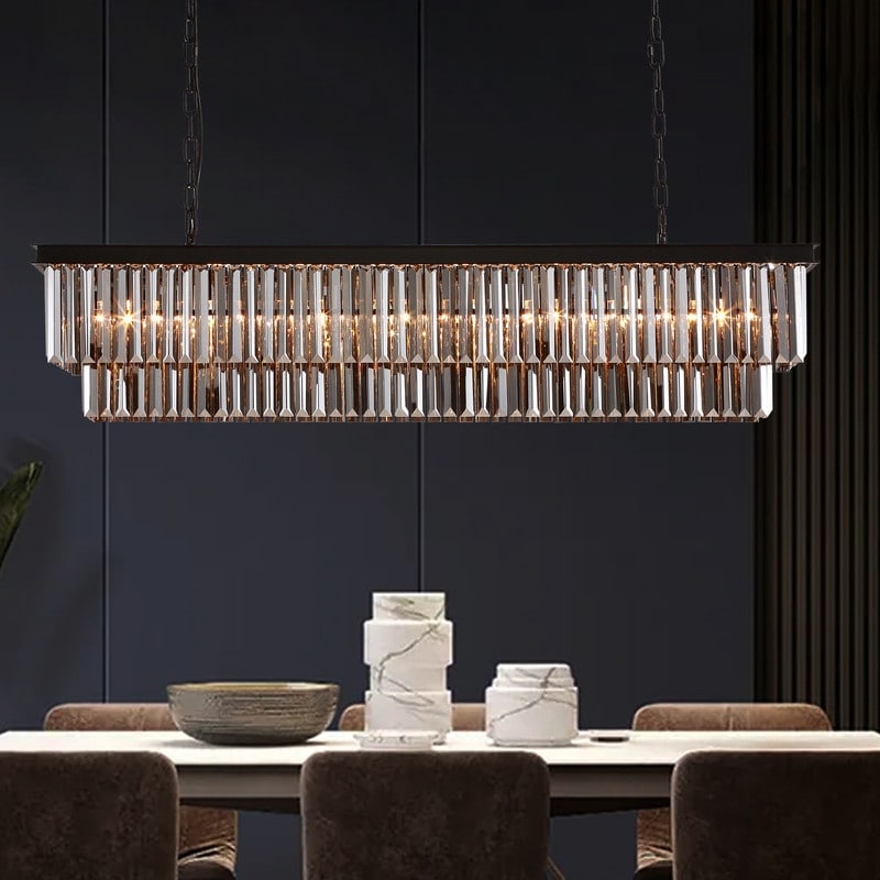 Lampadario moderno contemporaneo in cristallo grigio fumé e nero da 47 pollici, a 2 livelli, con isola da cucina lineare, per sala da pranzo