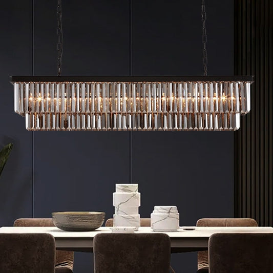 Lampadario moderno contemporaneo in cristallo grigio fumé e nero da 47 pollici, a 2 livelli, con isola da cucina lineare, per sala da pranzo