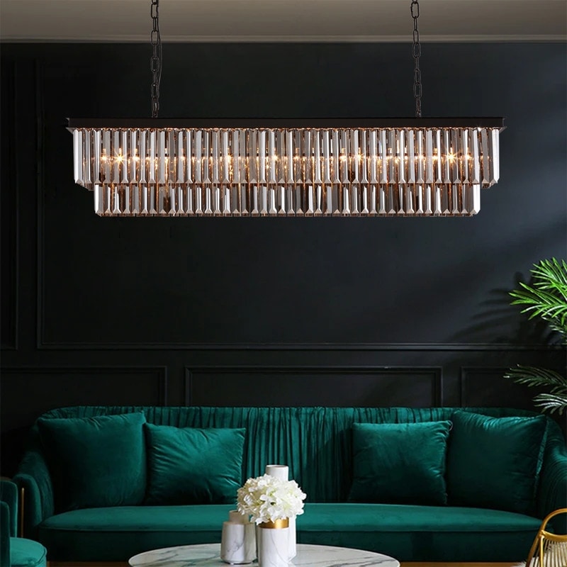 Lampadario moderno contemporaneo in cristallo grigio fumé e nero da 47 pollici, a 2 livelli, con isola da cucina lineare, per sala da pranzo