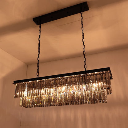 Lampadario moderno contemporaneo in cristallo grigio fumé e nero da 47 pollici, a 2 livelli, con isola da cucina lineare, per sala da pranzo