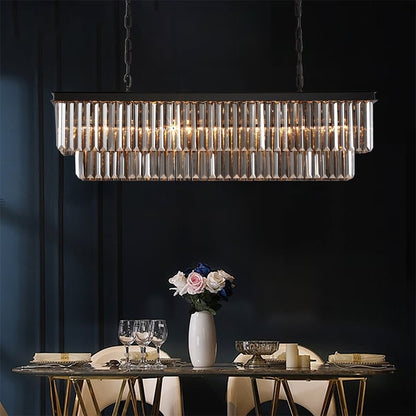 Lampadario moderno contemporaneo in cristallo grigio fumé e nero da 47 pollici, a 2 livelli, con isola da cucina lineare, per sala da pranzo