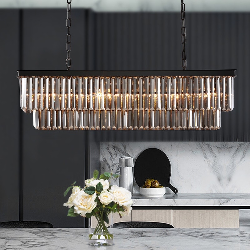 Lampadario moderno contemporaneo in cristallo grigio fumé e nero da 47 pollici, a 2 livelli, con isola da cucina lineare, per sala da pranzo