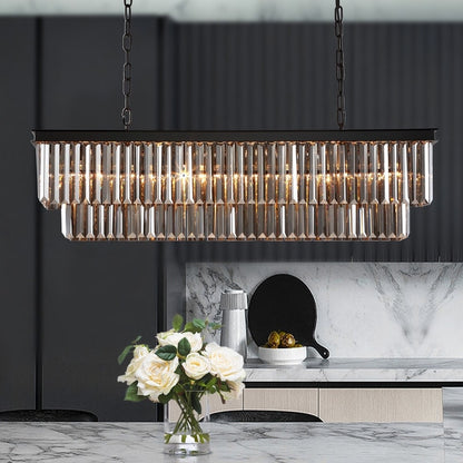 Lampadario moderno contemporaneo in cristallo grigio fumé e nero da 47 pollici, a 2 livelli, con isola da cucina lineare, per sala da pranzo