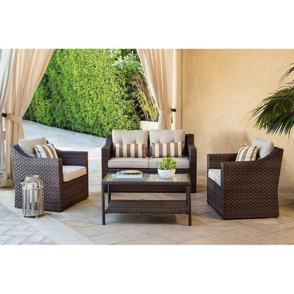 Set da conversazione con poltrona in vimini per patio da esterno da 4/5 pezzi, tavolino e cuscini