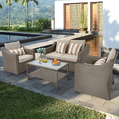 Set da conversazione con poltrona in vimini per patio da esterno da 4/5 pezzi, tavolino e cuscini