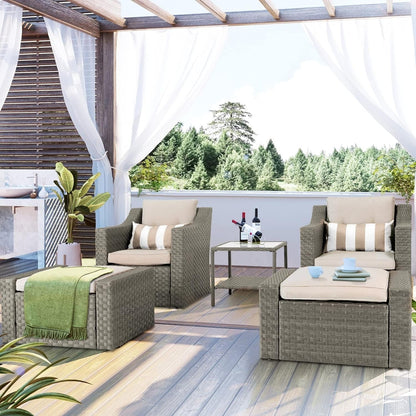 Set da conversazione con poltrona e pouf in vimini per patio da esterno, 5 pezzi