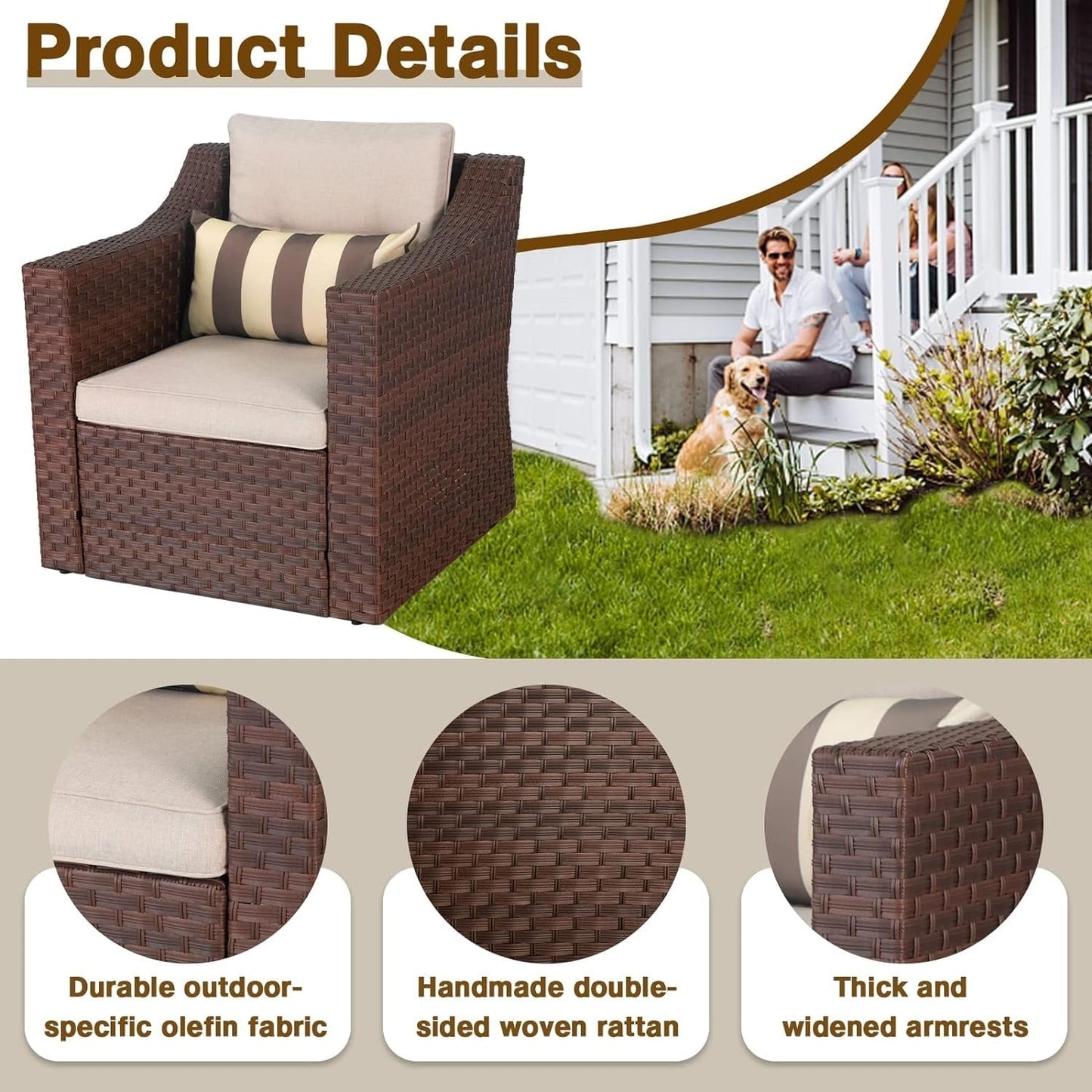 Set da conversazione con poltrona e pouf in vimini per patio da esterno, 5 pezzi